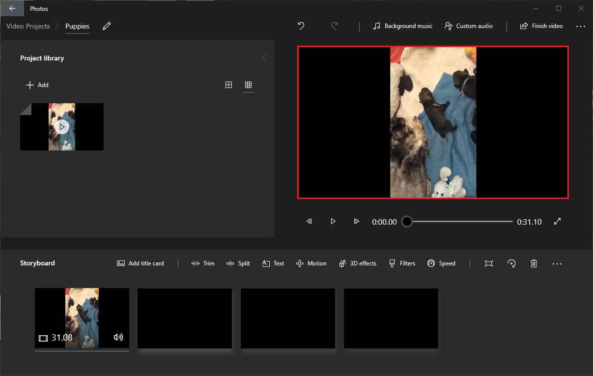 Video Editor showing a preview of the video added to the storyboard