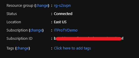 Azure site-to-site VPN connection status