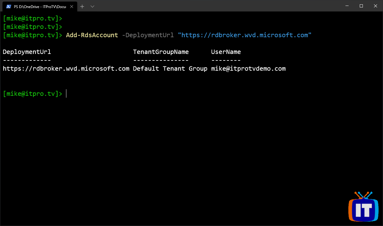 Successful connection to Windows Virtual Desktop from Windows PowerShell